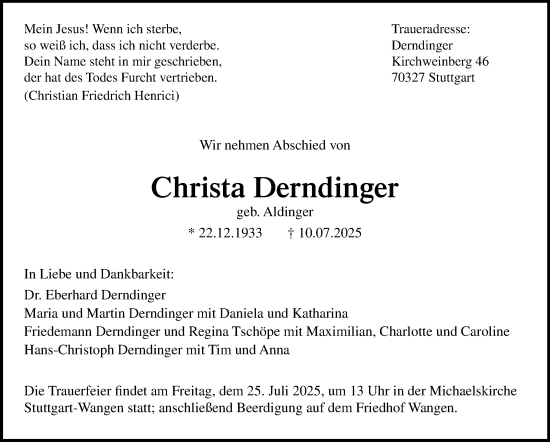 Traueranzeige von Christa Derndinger von Stuttgarter Zeitung / Stuttgarter Nachrichten