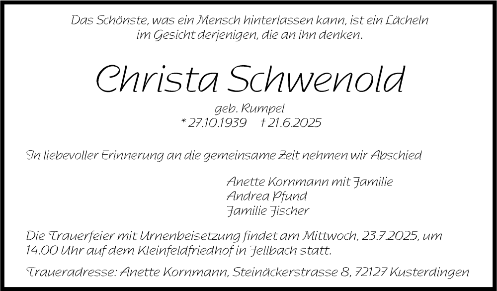  Traueranzeige für Christa Schwenold vom 21.07.2025 aus Stuttgarter Zeitung / Stuttgarter Nachrichten