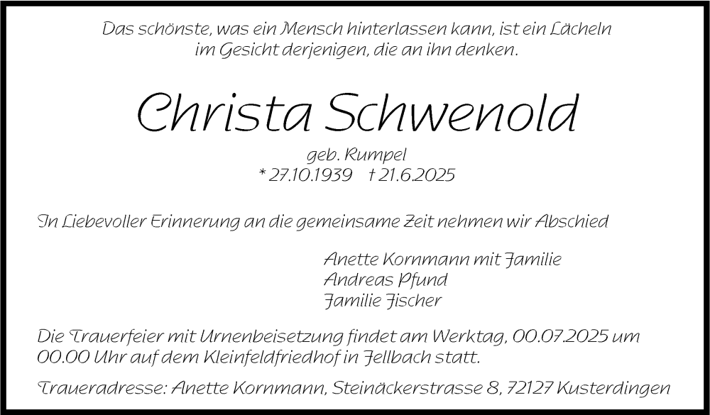  Traueranzeige für Christa Schwenold vom 18.07.2025 aus Stuttgarter Zeitung / Stuttgarter Nachrichten