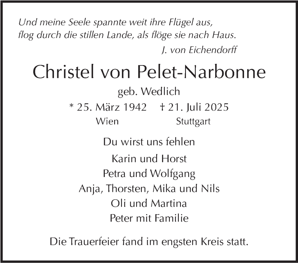  Traueranzeige für Christel von Pelet-Narbonne vom 29.07.2025 aus Stuttgarter Zeitung / Stuttgarter Nachrichten