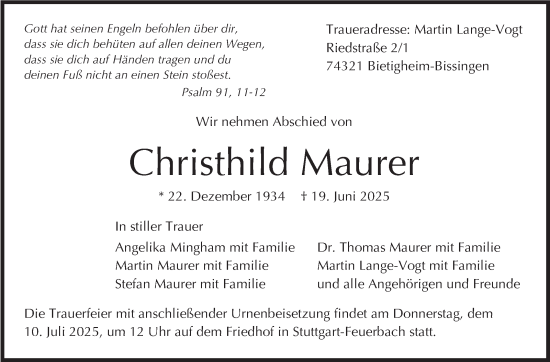Traueranzeige von Christhild Maurer von Stuttgarter Zeitung / Stuttgarter Nachrichten