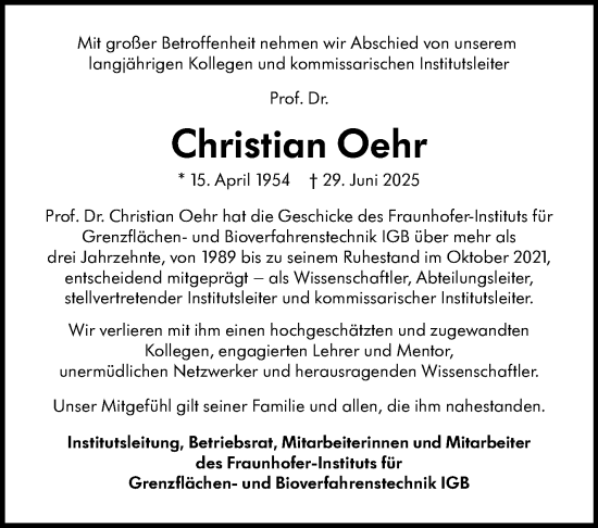Traueranzeige von Christian Oehr von Stuttgarter Zeitung / Stuttgarter Nachrichten