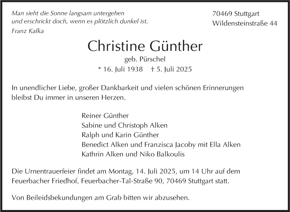  Traueranzeige für Christine Günther vom 12.07.2025 aus Stuttgarter Zeitung / Stuttgarter Nachrichten