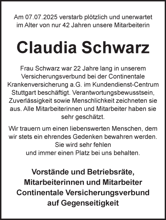 Traueranzeige von Claudia Schwarz von Stuttgarter Zeitung / Stuttgarter Nachrichten