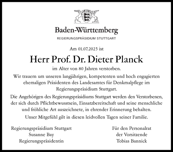 Traueranzeige von Dieter Planck von Stuttgarter Zeitung / Stuttgarter Nachrichten