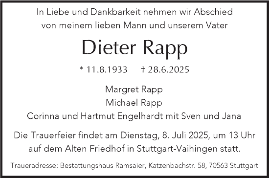 Traueranzeige von Dieter Rapp von Stuttgarter Zeitung / Stuttgarter Nachrichten