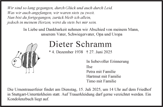 Traueranzeige von Dieter Schramm von Stuttgarter Zeitung / Stuttgarter Nachrichten