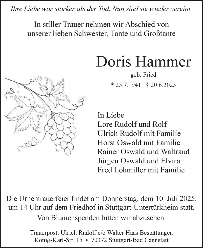  Traueranzeige für Doris Hammer vom 03.07.2025 aus Stuttgarter Zeitung / Stuttgarter Nachrichten