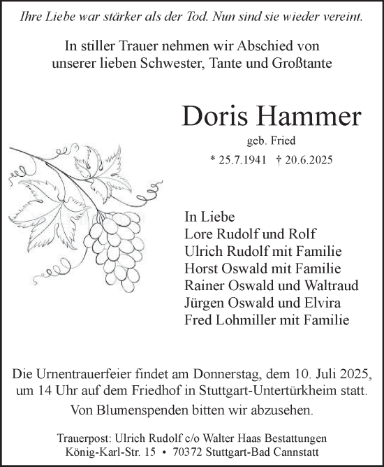 Traueranzeige von Doris Hammer von Stuttgarter Zeitung / Stuttgarter Nachrichten