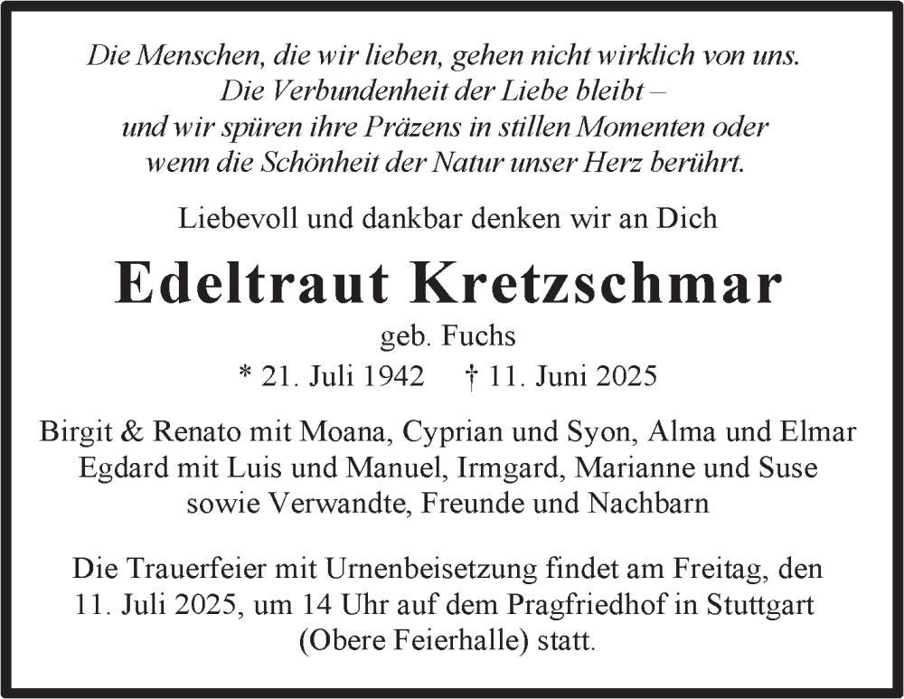  Traueranzeige für Edeltraut Kretzschmar vom 05.07.2025 aus Stuttgarter Zeitung / Stuttgarter Nachrichten