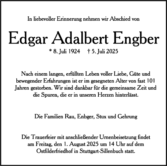 Traueranzeige von Edgar Adalbert Engber von Stuttgarter Zeitung / Stuttgarter Nachrichten