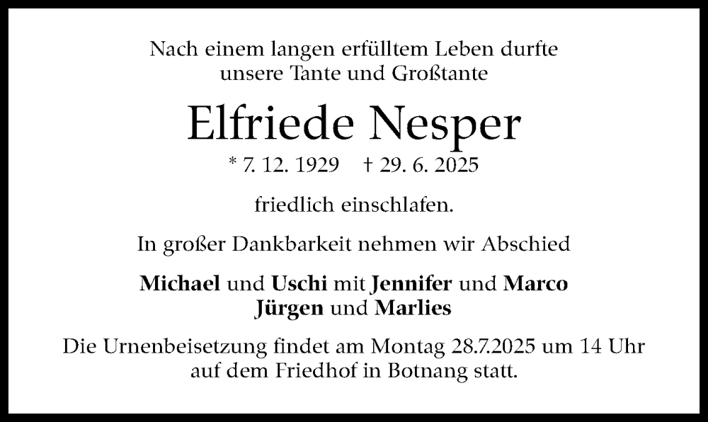  Traueranzeige für Elfriede Nesper vom 26.07.2025 aus Stuttgarter Zeitung / Stuttgarter Nachrichten