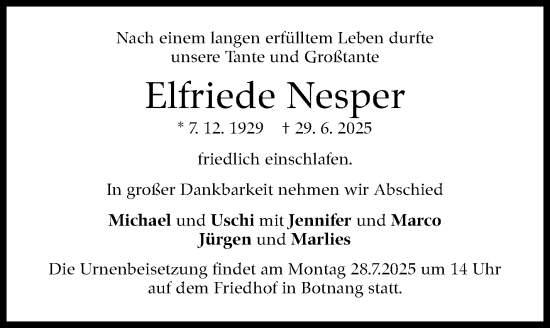 Traueranzeige von Elfriede Nesper von Stuttgarter Zeitung / Stuttgarter Nachrichten
