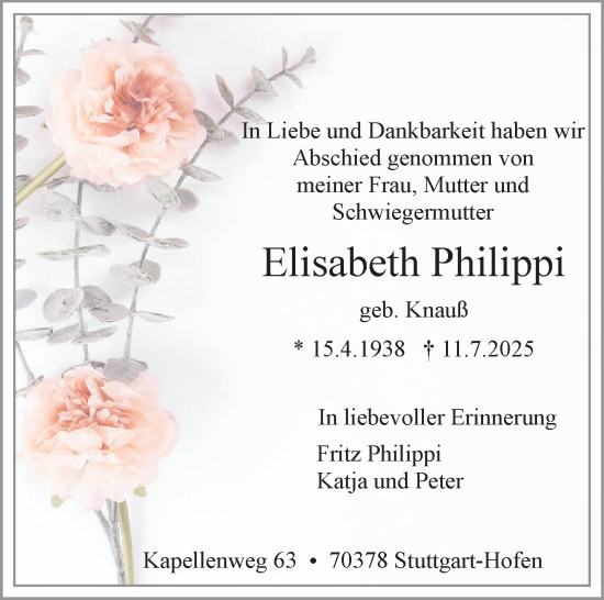 Traueranzeige von Elisabeth Philippi von Stuttgarter Zeitung / Stuttgarter Nachrichten