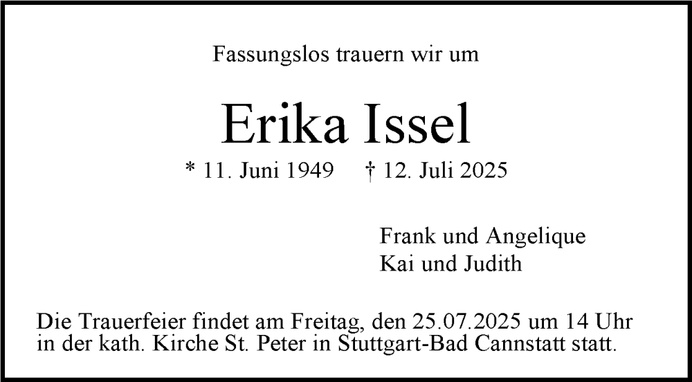  Traueranzeige für Erika Issel vom 19.07.2025 aus Stuttgarter Zeitung / Stuttgarter Nachrichten