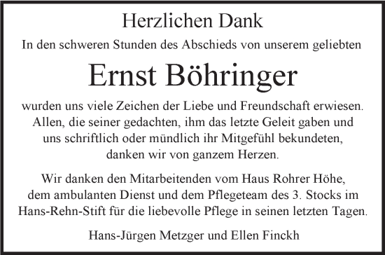 Traueranzeige von Ernst Böhringer von Stuttgarter Zeitung / Stuttgarter Nachrichten