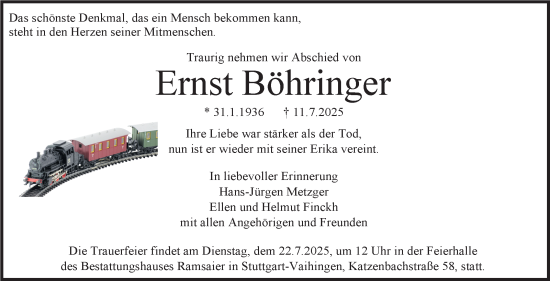 Traueranzeige von Ernst Böhringer von Stuttgarter Zeitung / Stuttgarter Nachrichten
