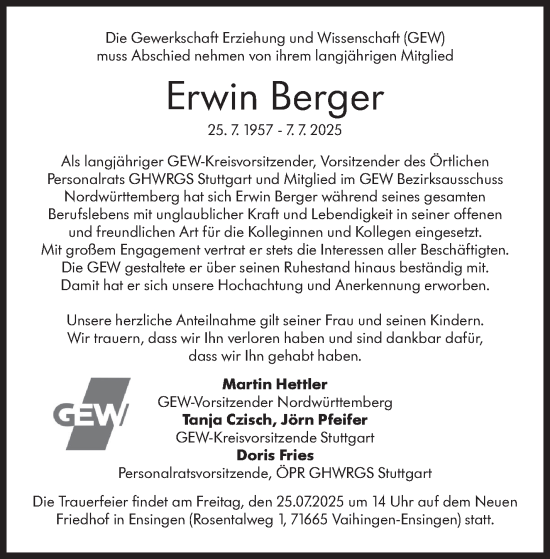 Traueranzeige von Erwin Berger von Stuttgarter Zeitung / Stuttgarter Nachrichten