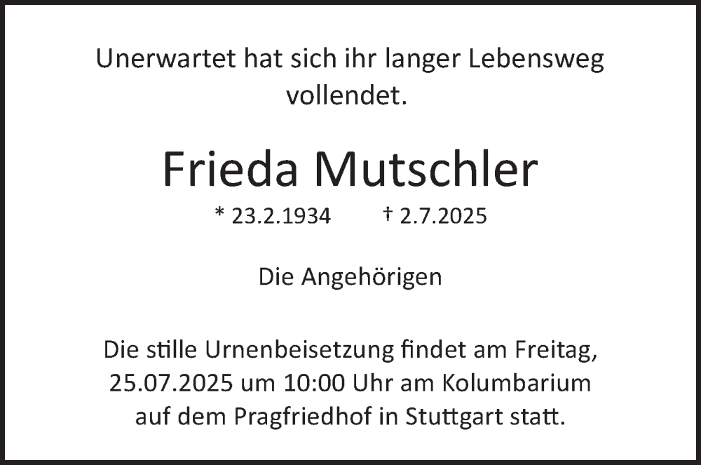  Traueranzeige für Frieda Mutschler vom 19.07.2025 aus Stuttgarter Zeitung / Stuttgarter Nachrichten