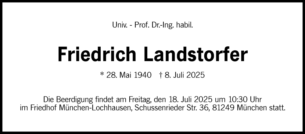  Traueranzeige für Friedrich Landstorfer vom 14.07.2025 aus Stuttgarter Zeitung / Stuttgarter Nachrichten