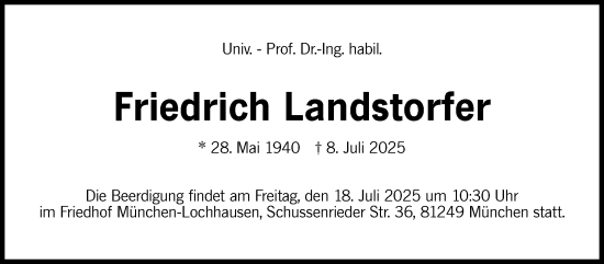 Traueranzeige von Friedrich Landstorfer von Stuttgarter Zeitung / Stuttgarter Nachrichten