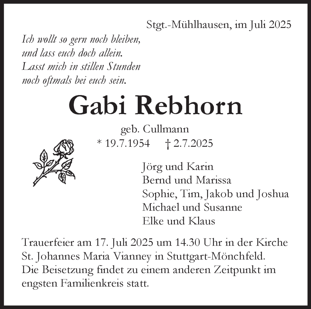  Traueranzeige für Gabi Rebhorn vom 12.07.2025 aus Stuttgarter Zeitung / Stuttgarter Nachrichten