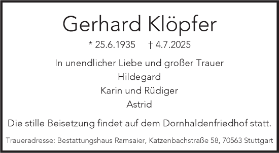Traueranzeige von Gerhard Klöpfer von Stuttgarter Zeitung / Stuttgarter Nachrichten