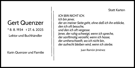 Traueranzeige von Gert Quenzer von Stuttgarter Zeitung / Stuttgarter Nachrichten