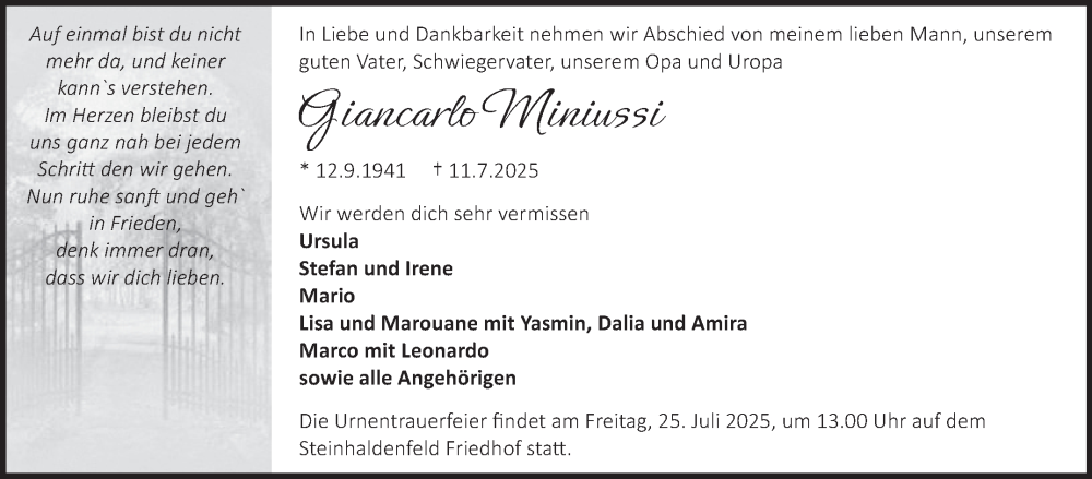  Traueranzeige für Giancarlo Miniussi vom 18.07.2025 aus Stuttgarter Zeitung / Stuttgarter Nachrichten