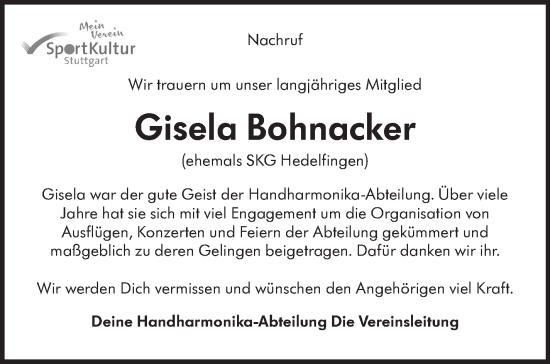 Traueranzeige von Gisela Bohnacker von Stuttgarter Zeitung / Stuttgarter Nachrichten