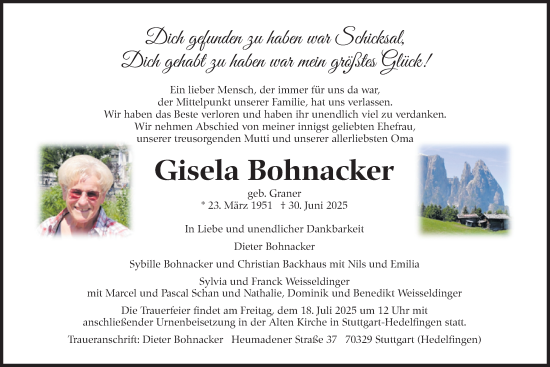 Traueranzeige von Gisela Bohnacker von Stuttgarter Zeitung / Stuttgarter Nachrichten