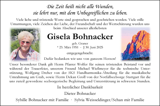 Traueranzeige von Gisela Bohnacker von Stuttgarter Zeitung / Stuttgarter Nachrichten