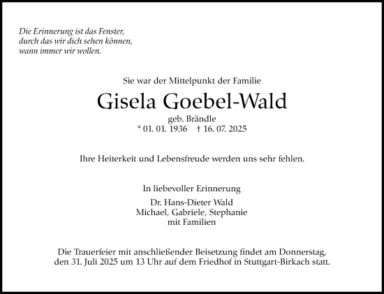 Traueranzeige von Gisela Goebel-Wald von Stuttgarter Zeitung / Stuttgarter Nachrichten