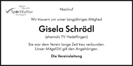 Traueranzeige von Gisela Schrödl von Stuttgarter Zeitung / Stuttgarter Nachrichten
