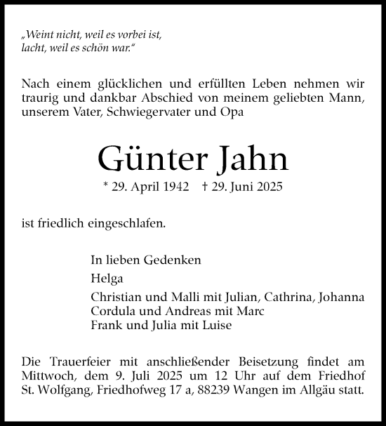 Traueranzeige von Günter Jahn von Stuttgarter Zeitung / Stuttgarter Nachrichten