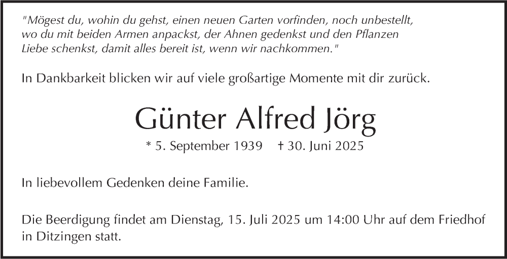  Traueranzeige für Günter Alfred Jörg vom 12.07.2025 aus Stuttgarter Zeitung / Stuttgarter Nachrichten