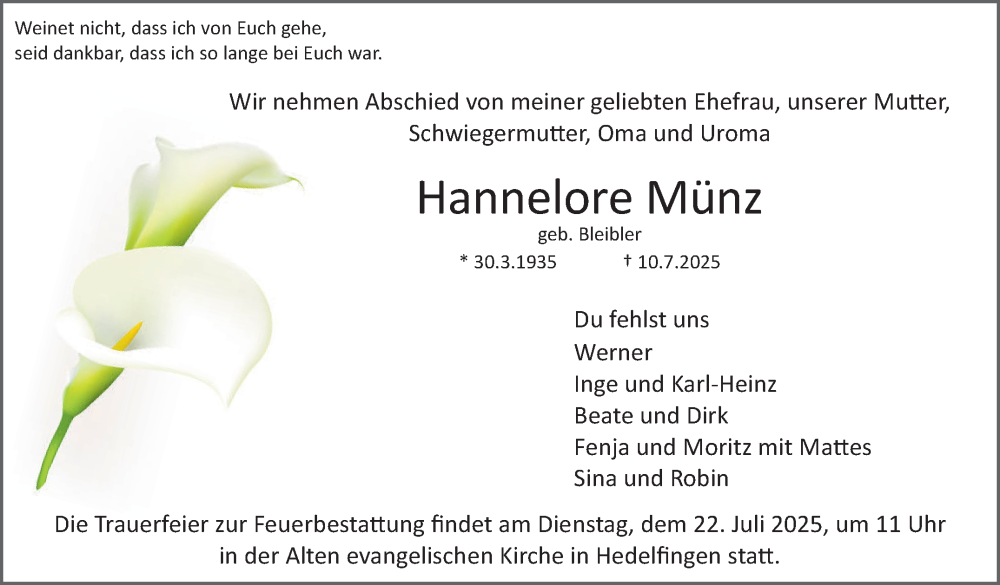  Traueranzeige für Hannelore Münz vom 17.07.2025 aus Stuttgarter Zeitung / Stuttgarter Nachrichten
