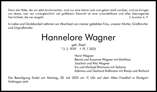 Traueranzeige von Hannelore Wagner von Stuttgarter Zeitung / Stuttgarter Nachrichten