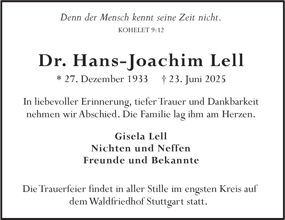  Traueranzeige für Hans-Joachim Lell vom 05.07.2025 aus Stuttgarter Zeitung / Stuttgarter Nachrichten