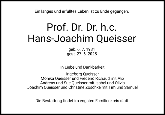 Traueranzeige von Hans-Joachim Queisser von Stuttgarter Zeitung / Stuttgarter Nachrichten