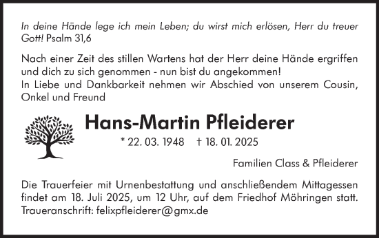 Traueranzeige von Hans-Martin Pfleiderer von Stuttgarter Zeitung / Stuttgarter Nachrichten