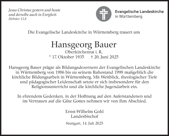 Traueranzeige von Hansgeorg Bauer von Stuttgarter Zeitung / Stuttgarter Nachrichten