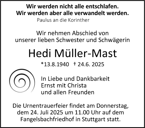 Traueranzeige von Hedi Müller-Mast von Stuttgarter Zeitung / Stuttgarter Nachrichten