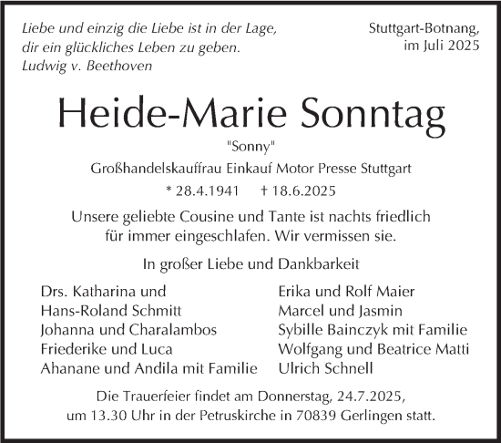 Traueranzeige von Heide-Marie Sonntag von Stuttgarter Zeitung / Stuttgarter Nachrichten