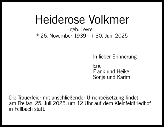 Traueranzeige von Heiderose Volkmer von Stuttgarter Zeitung / Stuttgarter Nachrichten