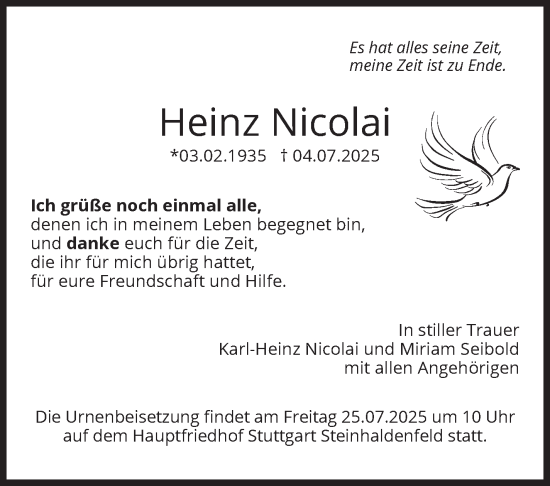 Traueranzeige von Heinz Nicolai von Stuttgarter Zeitung / Stuttgarter Nachrichten