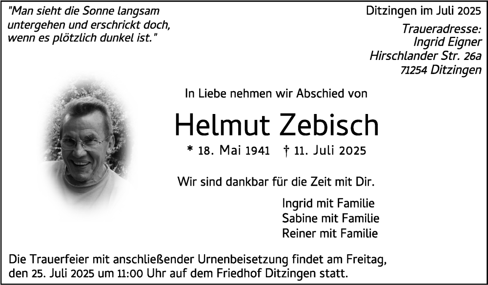  Traueranzeige für Helmut Zebisch vom 17.07.2025 aus Stuttgarter Zeitung / Stuttgarter Nachrichten