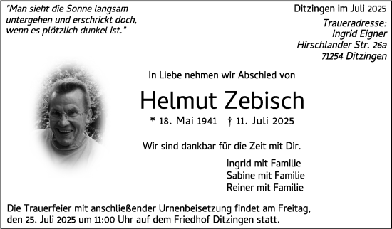 Traueranzeige von Helmut Zebisch von Stuttgarter Zeitung / Stuttgarter Nachrichten