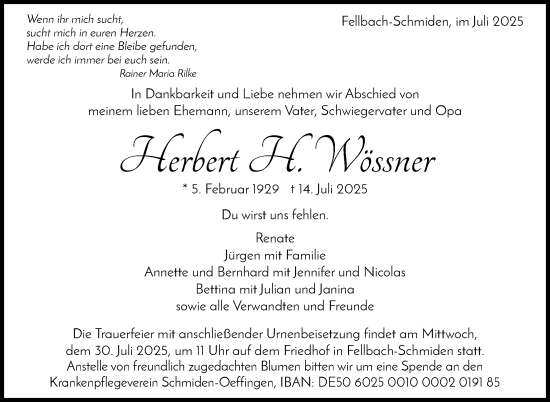 Traueranzeige von Herbert Wössner von Stuttgarter Zeitung / Stuttgarter Nachrichten