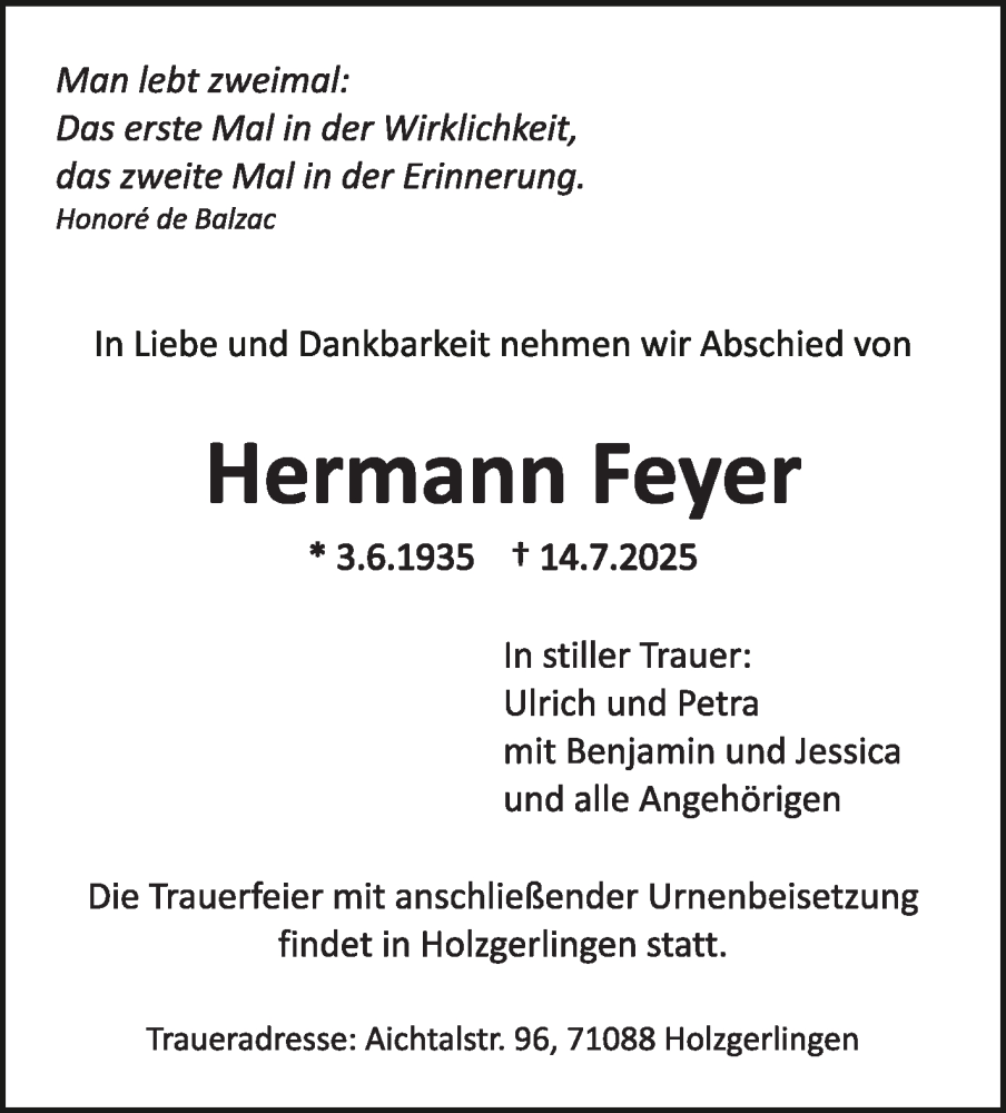 Traueranzeige für Hermann Feyer vom 26.07.2025 aus Stuttgarter Zeitung / Stuttgarter Nachrichten